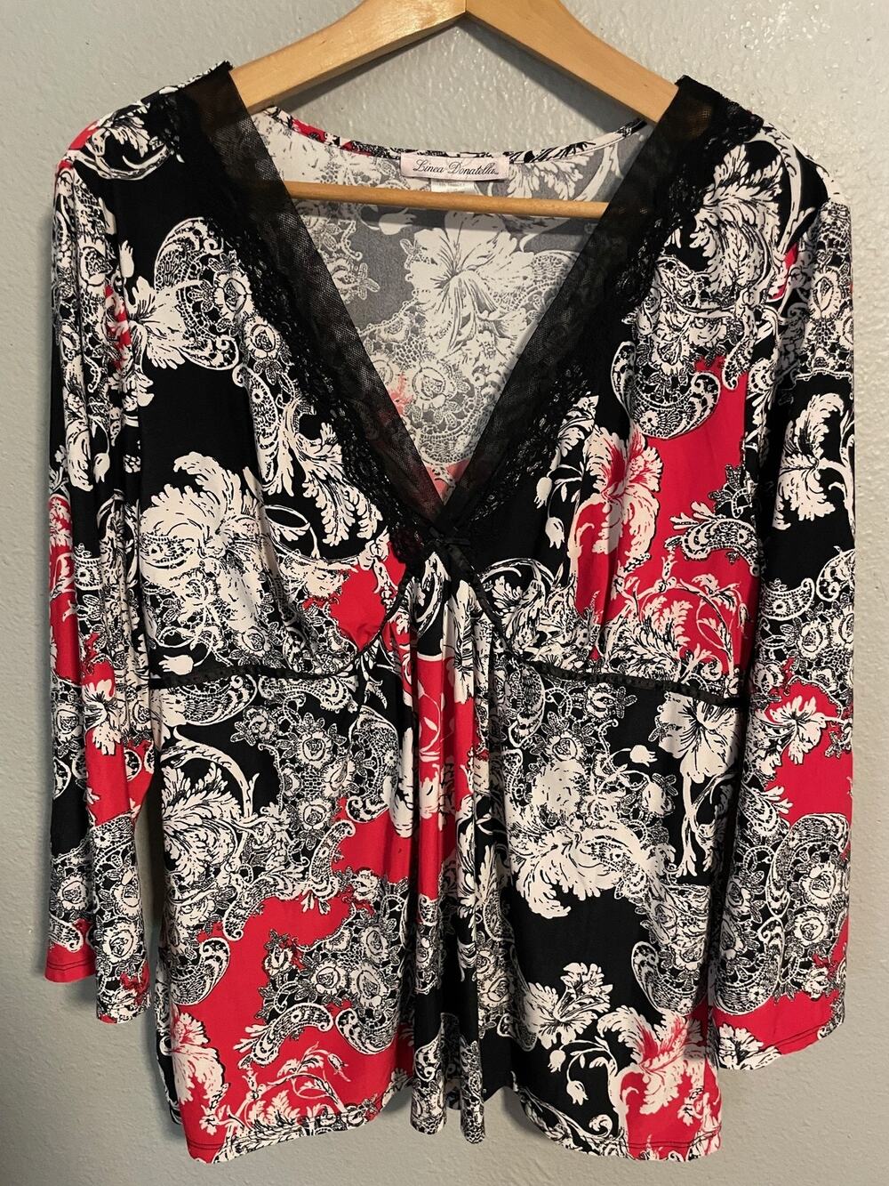 Linea Donatella Womens Top XL Floral Baroque Print Lace Babydoll Whimsigoth Y2K